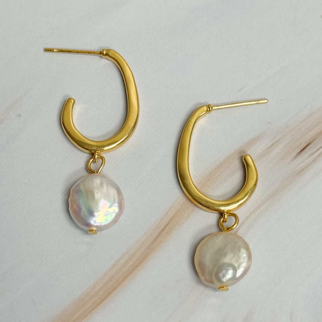 Dangle Pearl Gold Hoop Earrings